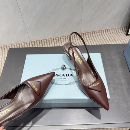 PRADA 26S POINTED TOE SLINGBACK HIGH HEELS 55MM IN DARK BROWN SHEEPSKIN WITH LOGO