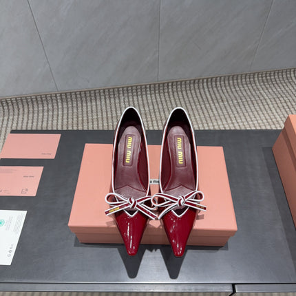 MIUMIU 26S POINTED TOE PUMPS 55MM IN DARK RED CALFSKIN WITH BOW