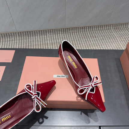 MIUMIU 26S POINTED TOE PUMPS 55MM IN DARK RED CALFSKIN WITH BOW