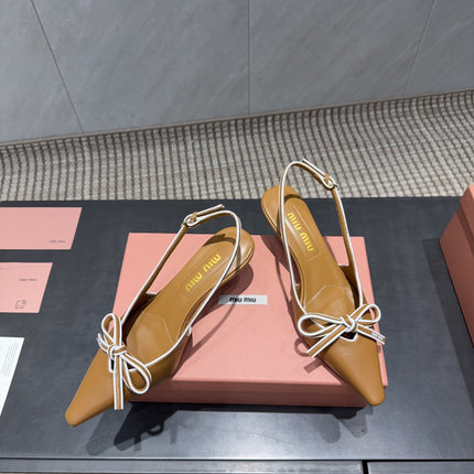 MIUMIU 26S SLINGBACK 55MM IN CARAMEL BROWN CALFSKIN WITH BOW