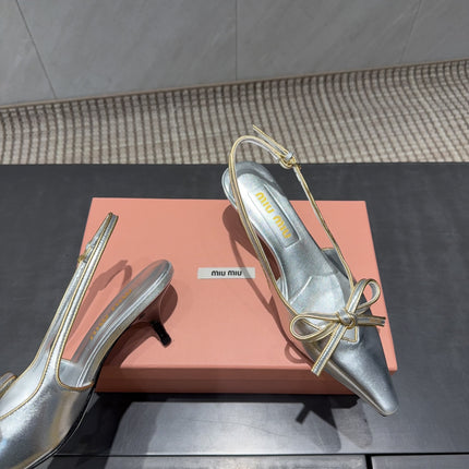 MIUMIU 26S SLINGBACK 55MM IN SILVER CALFSKIN WITH BOW