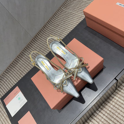 MIUMIU 26S SLINGBACK 55MM IN SILVER CALFSKIN WITH BOW