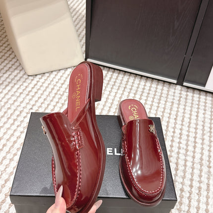 CHANEL 26S LOAFER MULES IN DARK RED GLOSSY CALFSKIN