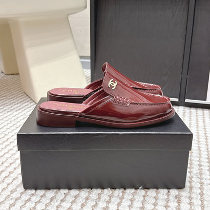 CHANEL 26S LOAFER MULES IN DARK RED GLOSSY CALFSKIN