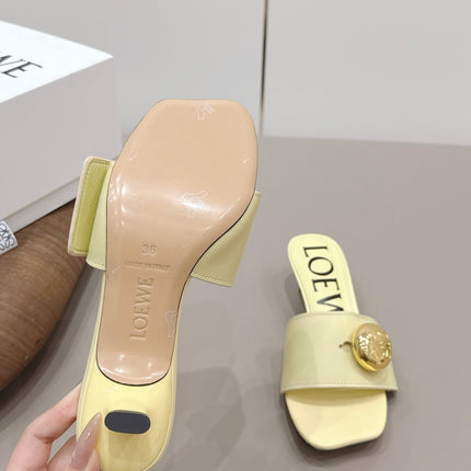 LOEWE 26S SQUARE TOE SANDALS 45MM IN LIGHT YELLOW CALFSKIN GOLD HARDWARE