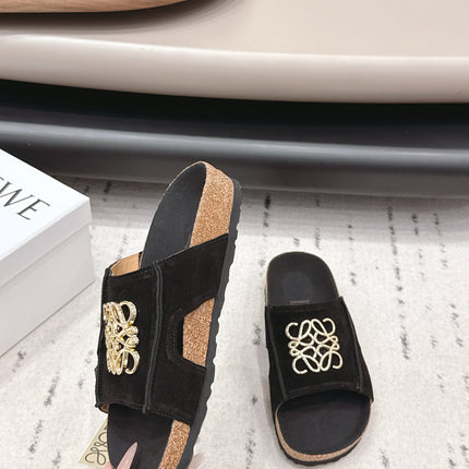 LOEWE 26S FLAT SANDALS IN BLACK LOGO GOLD HARDWARE