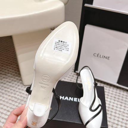 CHANEL 26S HIGH-HEEL SLINGBACKS IN WHITE CALFSKIN WITH BLACK TRIM