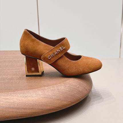 CHANEL 26S MARY JANE BLOCK HEEL PUMPS 80 MM IN BROWN SUEDE