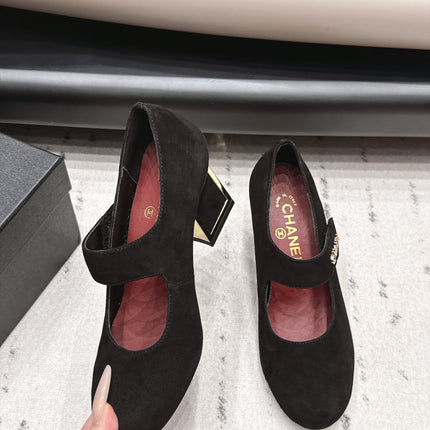 CHANEL 26S MARY JANE BLOCK HEEL PUMPS 80 MM IN BLACK SUEDE