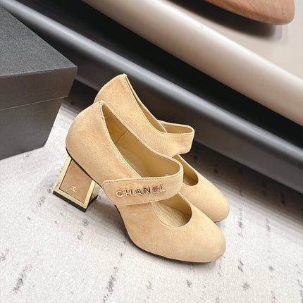 CHANEL 26S MARY JANE BLOCK HEEL PUMPS 80 MM IN BEIGE SUEDE