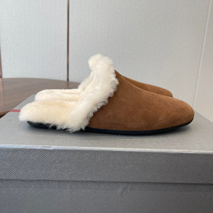 PRADA 25S CLOGS IN BROWN SUEDE FUR-LINED