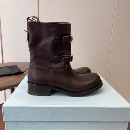 PRADA 25S TWO-BUTTON COWBOY BOOTS IN DARK BROWN CALFSKIN WITH SILVER HARDWARE