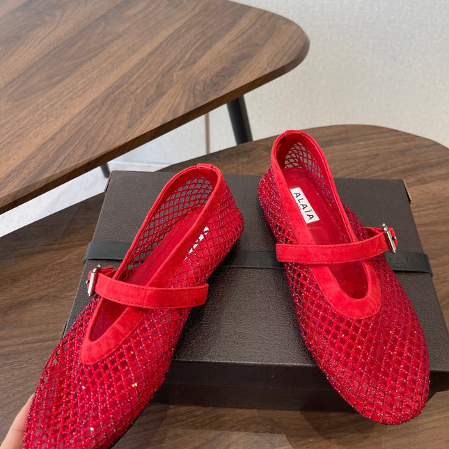 ALAIA 26S MESH FLATS IN RED SUEDE RHINESTONE-EMBELLISHED