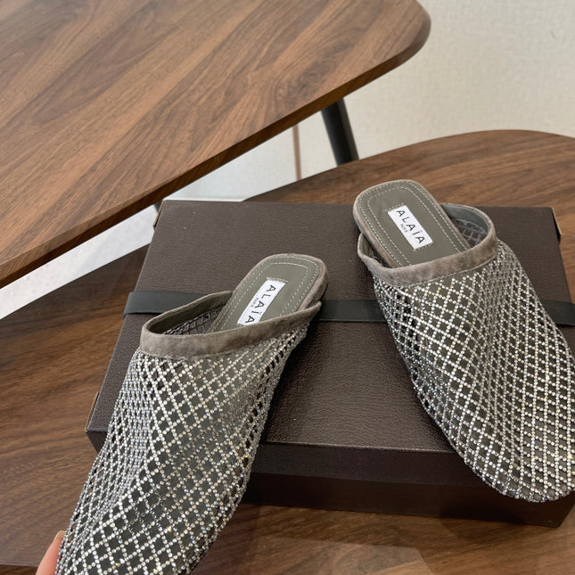 ALAIA 26S FLAT MULES IN DARK GREY SUEDE AND MESH RHINESTONE-EMBELLISHED