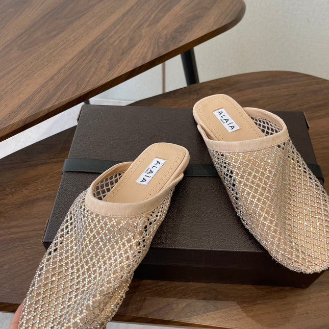 ALAIA 26S FLAT MULES IN BEIGE SUEDE AND MESH RHINESTONE-EMBELLISHED