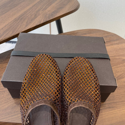 ALAIA 26S FLAT MULES IN DARK BROWN SUEDE AND MESH RHINESTONE-EMBELLISHED