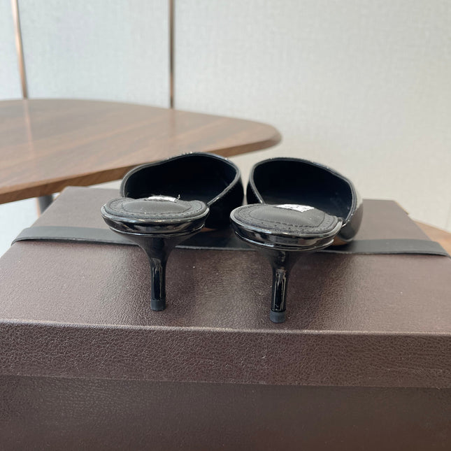 ALAIA 26S HEELED MULES 50 MM IN BLACK GLOSSY CALFSKIN