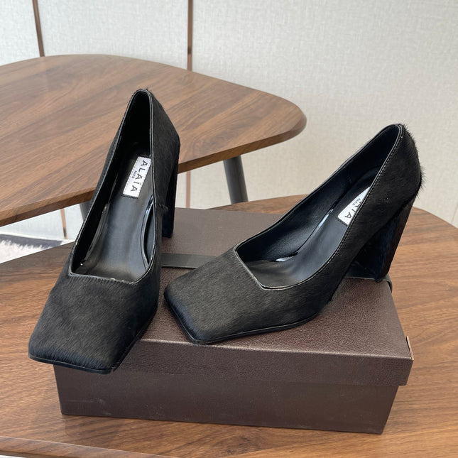 ALAIA 26S SQUARE-TOE HIGH HEELS 95 MM IN BLACK PONY HAIR