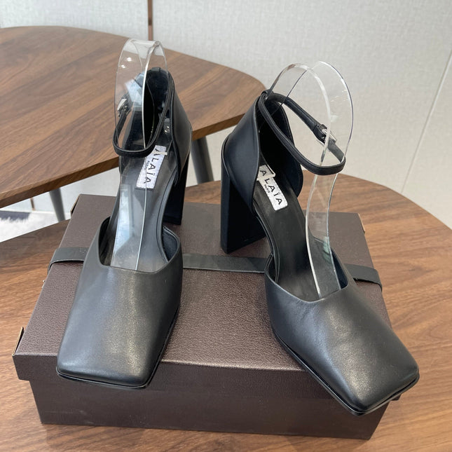 ALAIA 26S SQUARE-TOE HIGH HEELS 95 MM IN BLACK CALFSKIN