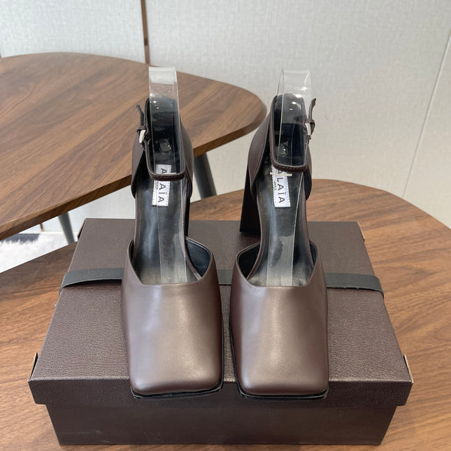 ALAIA 26S SQUARE-TOE HIGH HEELS 95 MM IN DARK BROWN CALFSKIN
