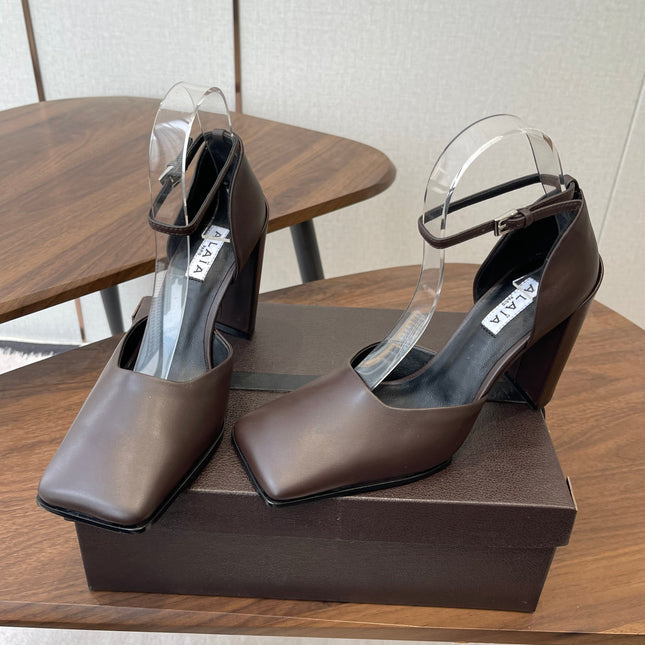 ALAIA 26S SQUARE-TOE HIGH HEELS 95 MM IN DARK BROWN CALFSKIN