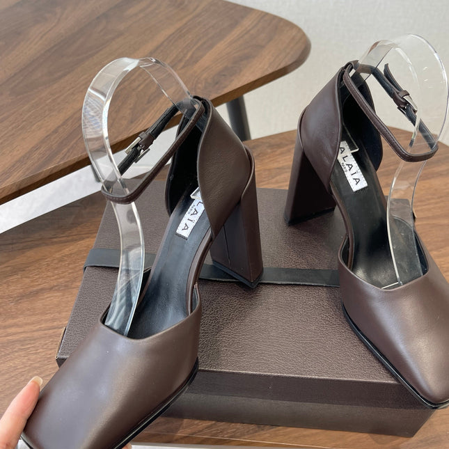 ALAIA 26S SQUARE-TOE HIGH HEELS 95 MM IN DARK BROWN CALFSKIN