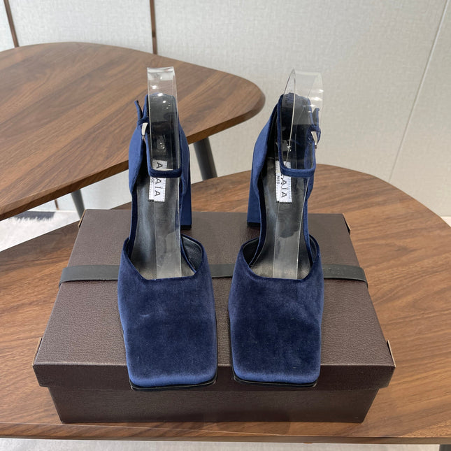 ALAIA 26S SQUARE-TOE HIGH HEELS 95 MM IN NAVY BLUE SUEDE