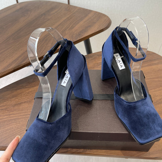 ALAIA 26S SQUARE-TOE HIGH HEELS 95 MM IN NAVY BLUE SUEDE