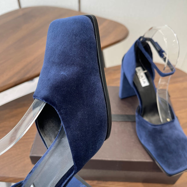 ALAIA 26S SQUARE-TOE HIGH HEELS 95 MM IN NAVY BLUE SUEDE