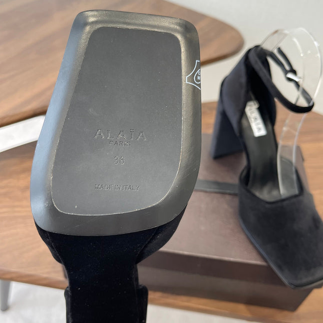 ALAIA 26S SQUARE-TOE HIGH HEELS 95 MM IN BLACK SUEDE