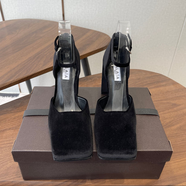 ALAIA 26S SQUARE-TOE HIGH HEELS 95 MM IN BLACK SUEDE
