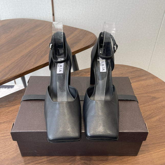 ALAIA 26S SQUARE-TOE HIGH HEELS 95 MM IN BLACK CALFSKIN