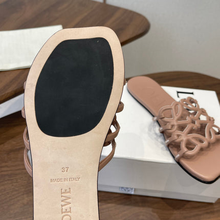 LOEWE 26S PETAL ANAGRAM SLIDE IN TAUPE BROWN CALFSKIN