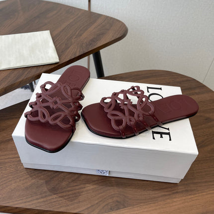LOEWE 26S PETAL ANAGRAM SLIDE IN WINE RED CALFSKIN