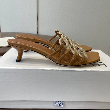 LOEWE 26S HIGH HEEL SANDALS IN CAMEL BROWN CALFSKIN WITH CRYSTALS