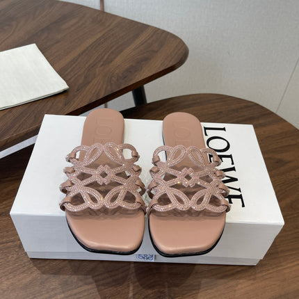LOEWE 26S PETAL ANAGRAM SLIDE IN TAUPE BROWN CALFSKIN WITH CRYSTALS