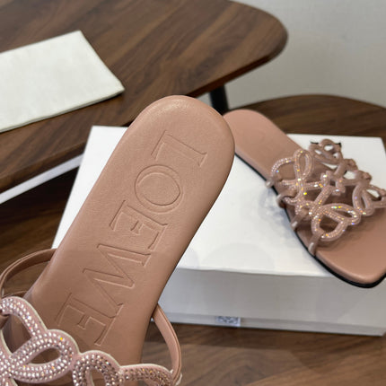 LOEWE 26S PETAL ANAGRAM SLIDE IN TAUPE BROWN CALFSKIN WITH CRYSTALS