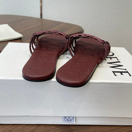 LOEWE 26S FLAT SANDALS IN WINE RED CALFSKIN WITH CRYSTALS
