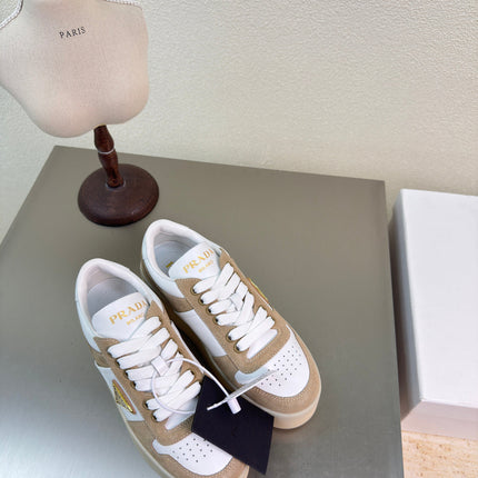 PRADA 26S DOWNTOWN THICK SOLE SNEAKERS IN WHITE CALFSKIN AND BROWN SUEDE