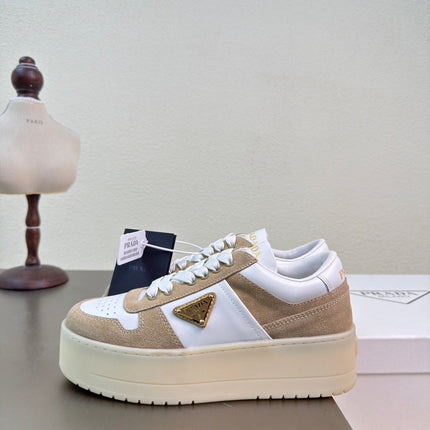 PRADA 26S DOWNTOWN THICK SOLE SNEAKERS IN WHITE CALFSKIN AND BROWN SUEDE