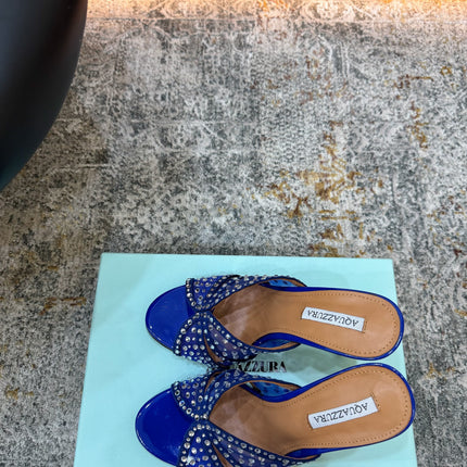 AQUAZZURA 26S HIGH-HEEL SANDALS 105 MM IN NAVY BLUE PATENT CALFSKIN AND MESH