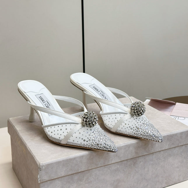 JIMMY CHOO 26S HEELED MULES 80 MM IN WHITE CRYSTAL EMBELLISHMENT