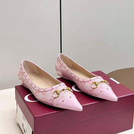 GUCCI 26S STUD BALLET FLATS IN LIGHT PINK CANVAS AND CALFSKIN