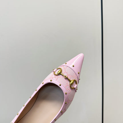 GUCCI 26S STUD BALLET FLATS IN LIGHT PINK CANVAS AND CALFSKIN