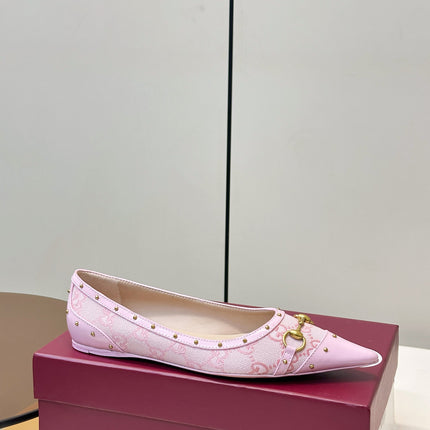 GUCCI 26S STUD BALLET FLATS IN LIGHT PINK CANVAS AND CALFSKIN