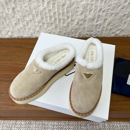 PRADA 25S PLATFORM FUR-LINED MULES IN WARM BEIGE SUEDE