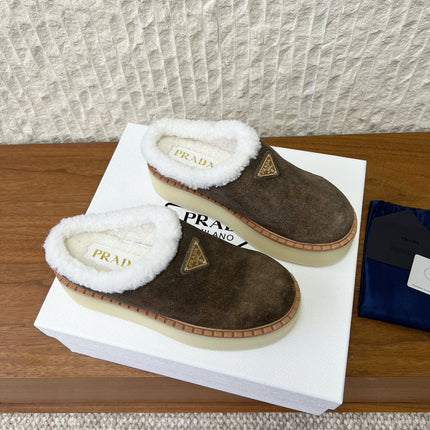 PRADA 25S PLATFORM FUR-LINED MULES IN EARTH BROWN SUEDE
