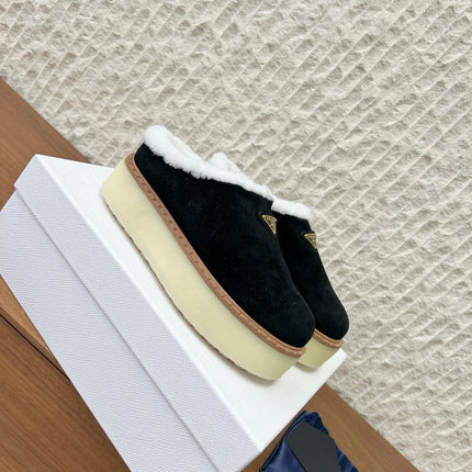PRADA 25S PLATFORM FUR-LINED MULES IN BLACK SUEDE