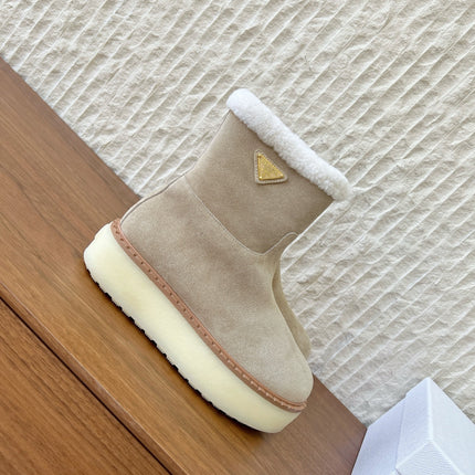 PRADA 25S ANKLE BOOTS 40 MM IN LIGHT BEIGE SUEDE SHEARLING-LINED