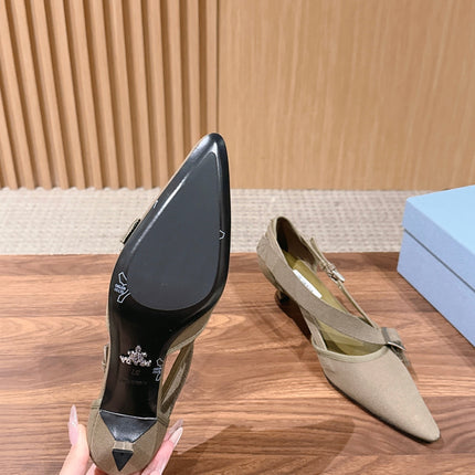 PRADA 26S SLINGBACK KITTEN HEELS 45MM IN LIGHT BROWN FABRIC STRAP BUCKLE